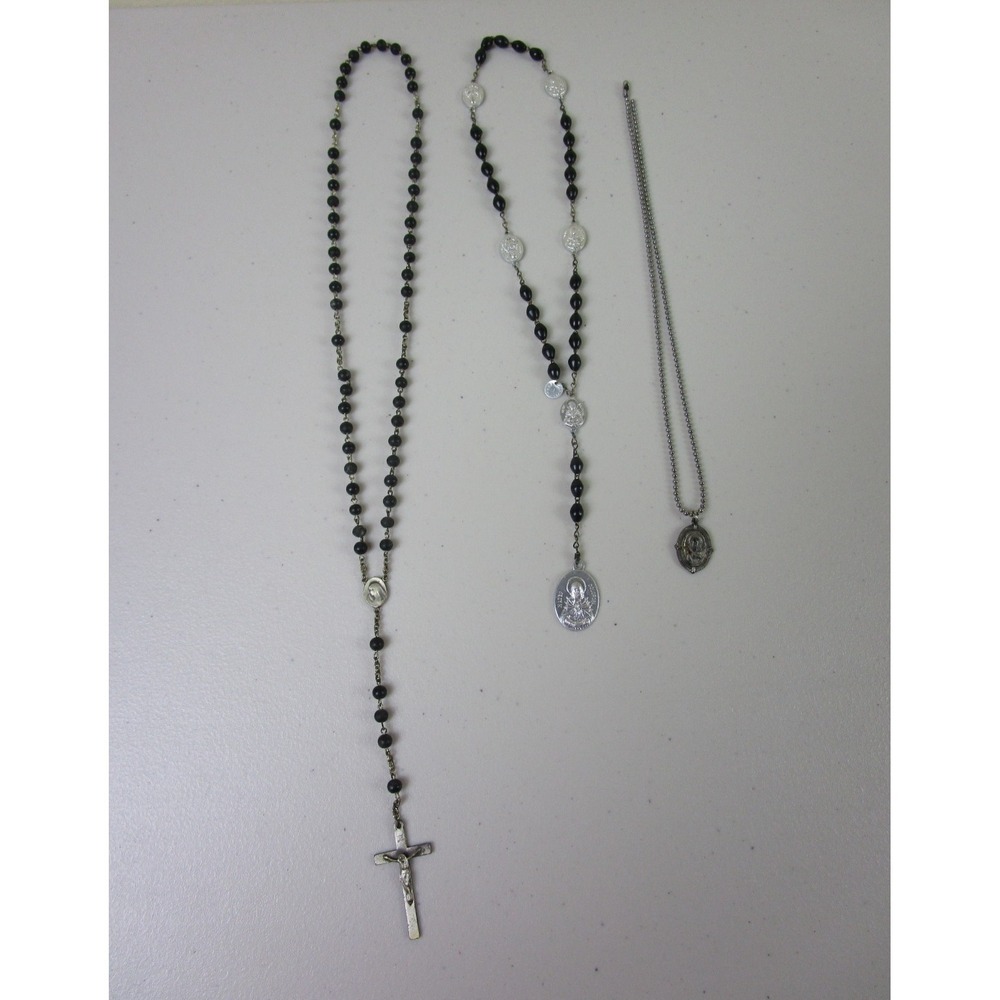 Vintage Glass Black Bead Rosary Lot of (3) Silver/Plastic Mix Christian Crucifix